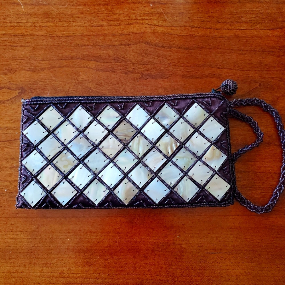 MOD by DESIGN Brown Beaded Mother of Pearl Silk Wristlet Zip Closure 7.5 x 4.25"